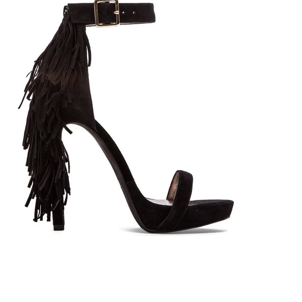Jeffrey Campbell Black Dillon Fringe Heel Shoes Sandals sz 8.5 M